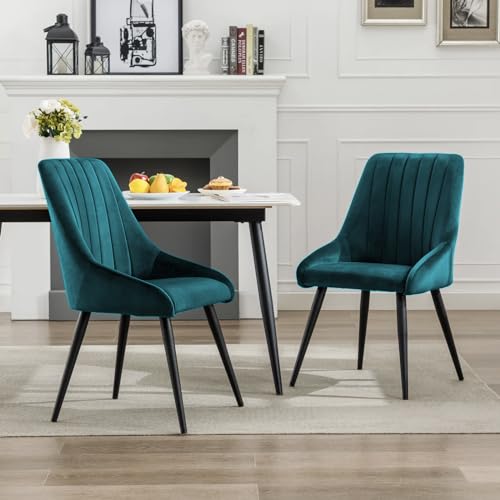 Image of Finch Fox Morris Velvet Dining Chair for Living Room, Bedroom, Home Office with Black Metal Legs in Teal Blue Color (Set of 6)