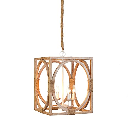 MY SWANKY HOME Whitewashed Wood Circle in Square Pendant 4 Light Rope Wrapped Farmhouse Coastal
