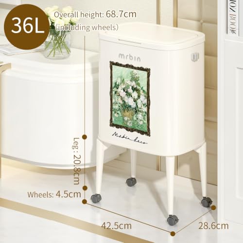 Image of MRBIN Metal Kitchen Trash Can with Wheel Legs, 36L / 9.5gal Medium Press Lid Slim Removable Waste Basket, Pet Proof Tall Narrow Garbage Pail for Vanity, Bedroom, Bathroom, Living Room, White Rose