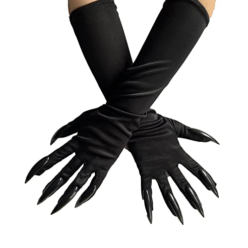 HANSAMU Halloween Cat Woman Paw Gloves - Black Party Gloves with Long Fingernails and Claws - Cosplay Costume (1 Pair)