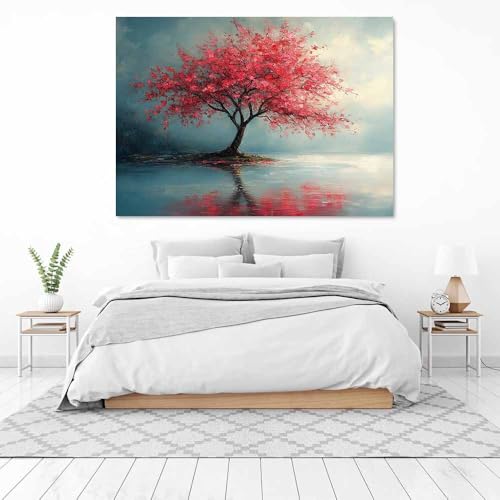 Impression sur Toile Reflet Lac et Fleurs Rouges Design Premium