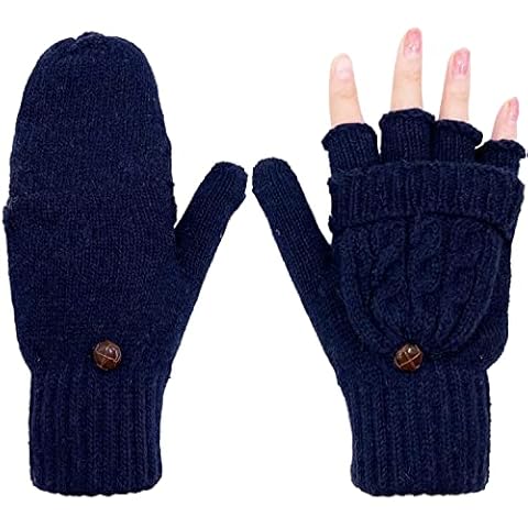 Women's Winter Gloves Warm Wool Knitted Convertible Fingerless Mittens (Navy) Cover