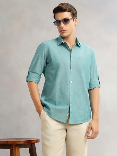 Image of Thomas Scott Men's | Solid | Premium Linen Blend | Spread Collar | Summer Wear | Long Sleeve | Shirts for Men