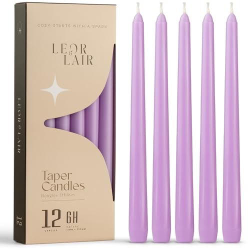 Leor & Lair Light Purple Candlesticks - 12 Pack 10" Long Candles - Unscented Long Burning Purple Candles for Easter, Bridal Showers, Spring Weddings, Restaurants & Events
