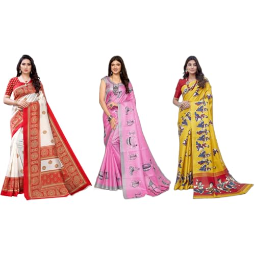 Image of Yashika Women's Sarees Women's Combo Art Silk Printed Saree With Unstitched Blouse Piece |saree for Women | saree combo | New Sari | Saree Pack Of 3