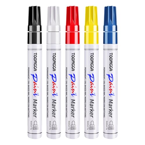 TOOMGGA Paint Pens Permanent Paint Markers - 5 Colors Oil Based Marking Pens, Medium Point, Quick Drying and Waterproof Pens for Rock Painting Car Tyre Metal, Plastic, Canvas, Wood, Glass