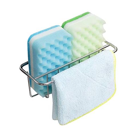 KESOL Adhesive Kitchen Sink Sponge Holder + Dish Cloth Hanger + Soap Holder, 2-in-1 Kitchen Sink Caddy, 304 Stainless Steel Rust Proof, Water Proof, No Drilling (Silver) Cover