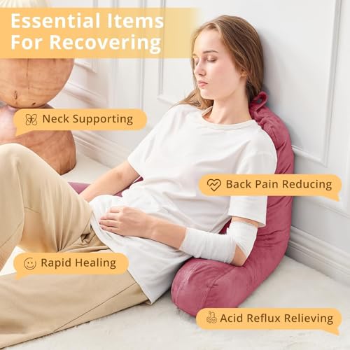 Image of Sasttie Reading Pillow for Bed, Back Pillow for Sitting Up, Rose Pink | 18 inch Backrest Support Cushion for Couch, Sofa, and Floor, Dorm Essentials, OEKO-TEX, Adjustable Down Alternative Fill