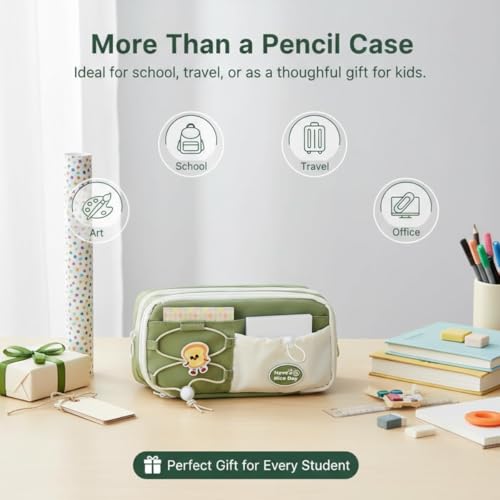 Image of Canvas School Bag Pencil Case, 3 Layer 6 Compartment Large Capacity, Aesthetic Pencil Pouch for Stationary, Cute Stationery for Kids, Pencil Case for Girls & Boys (Nice Day Green)