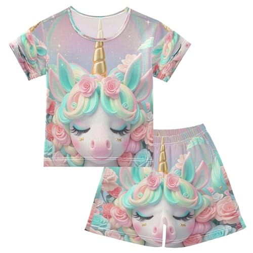 ALAZA Unicorn Rose Flower 3d Pajamas Set Short Sleeve Cotton Sleepwear Summer Pjs 2 Piece 5-14Y