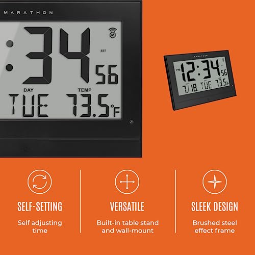 Marathon Atomic Wall Clock With Automatic Backlight, Black - Large 10-Inch Display - Am/Pm Or 24-Hour Time, 8 Time Zones, Indoor Temperature, Day & Date - 4 C Batteries Included #TOP2