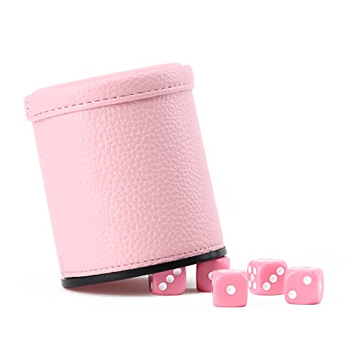 Pink Party Leather Dice Cups, Including 5 Matching Pink Dice - Pink Velvet Interior For Quiet Shaking - For Cheater Dice Fakir Yahtzee Board Game #TOP3