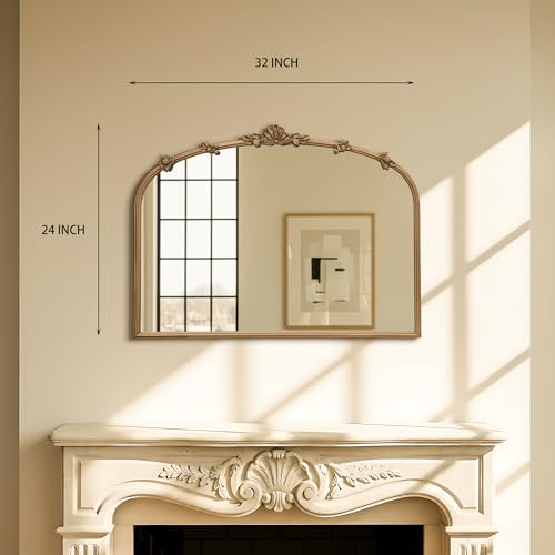 Image of Besdomus Vintage Gold Mirror for Vanity: 32 inchx24 inch Traditional Arched Mirror | French Baroque Antique for Wall /Mantel /Bedroom /Entryway /Bathroom /Hallway - Ideal for Fashion- Conscious