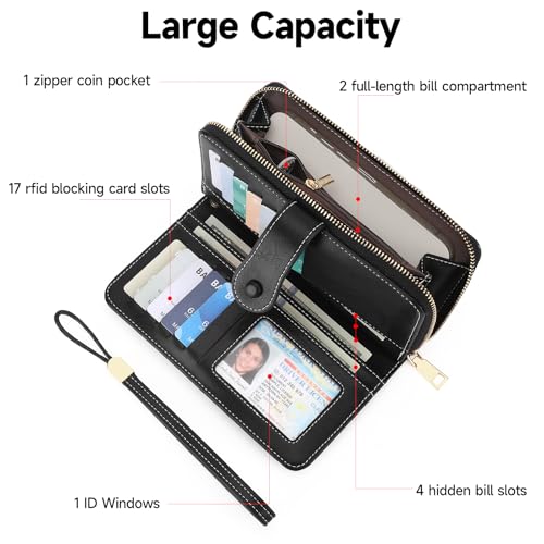 Image of Wristlet Women's Wallet Phone Purse RFID Blocking Large Capacity Card Holder Leather Black