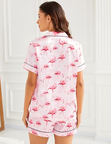 Image of LecGee Womens Silk Satin Pajamas Short Sleeve Loungewear Two-Piece Sleepwear Button-Down Pj Set
