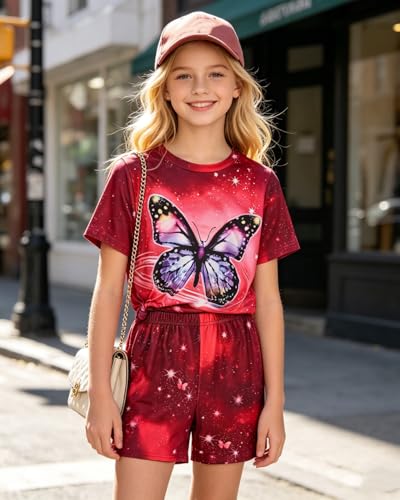 Image of 9-16Y Tween Girl Clothes 2 Piece Short Sleeve Heart Print Top and Shorts Teen Girl Summer Outfits Short Set