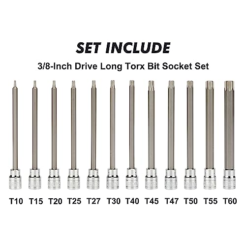 CASOMAN 3/8" Drive Extra Long Torx Bit Socket Set, 12 Piece Torx Stra Bit Set, T10 to T60, Length: 150mm, CR-V&S2 Steel - Image 2