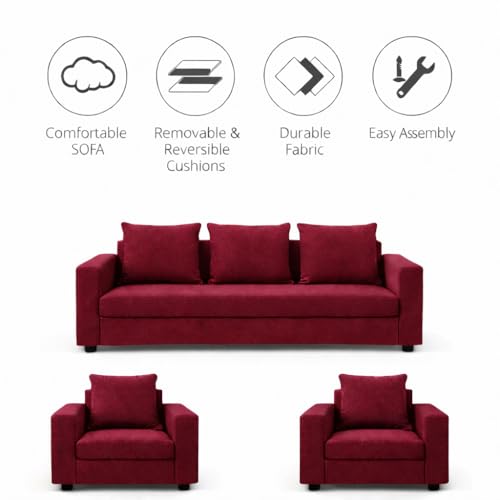 Image of Wood 3+1+1 Sofa Set 5 Seater | Velvet Fabric Upholstery | Wooden Frame Sofa Set with 3 Seater & 2 Single Chairs for Living Room, Home & Office (Mehroon)