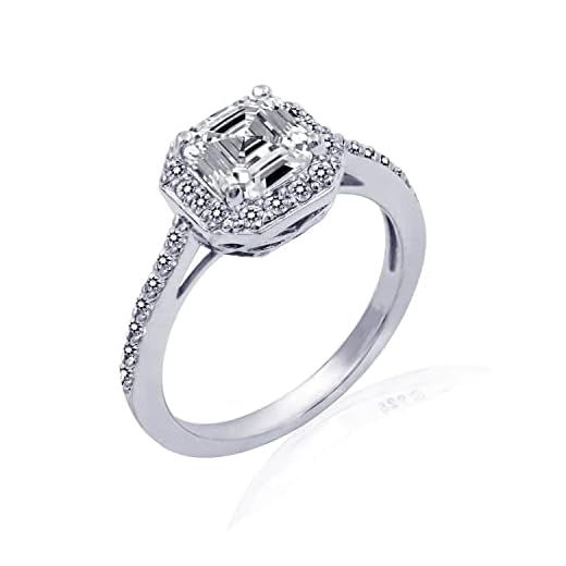 Amazon Collection Platinum Plated Sterling Silver Halo Ring set with Asscher Cut Infinite Elements Cubic Zirconia (1.5 cttw), Size 5