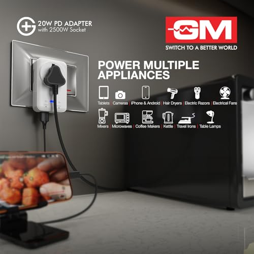 Image of GM G+ 3-in-1 20W PD Fast Charging Adapter with 2500W Universal Socket | Dual Type-C & USB-A Ports | Socket for India, US, UK, EU, AU | Compact Design for Bedside Use | Multi Plug Power Adapter