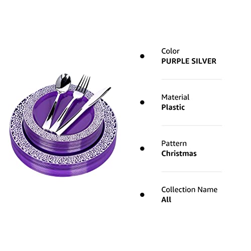 Fomoica Purple Silver Plastic Plates And Silverware - 125 Piece Disposable Premium Plastic Dinnerware Set – Reusable Party Dinner Plates, Forks, Spoons, Knives – Birthday Parties, Wedding, Christmas #TOP7