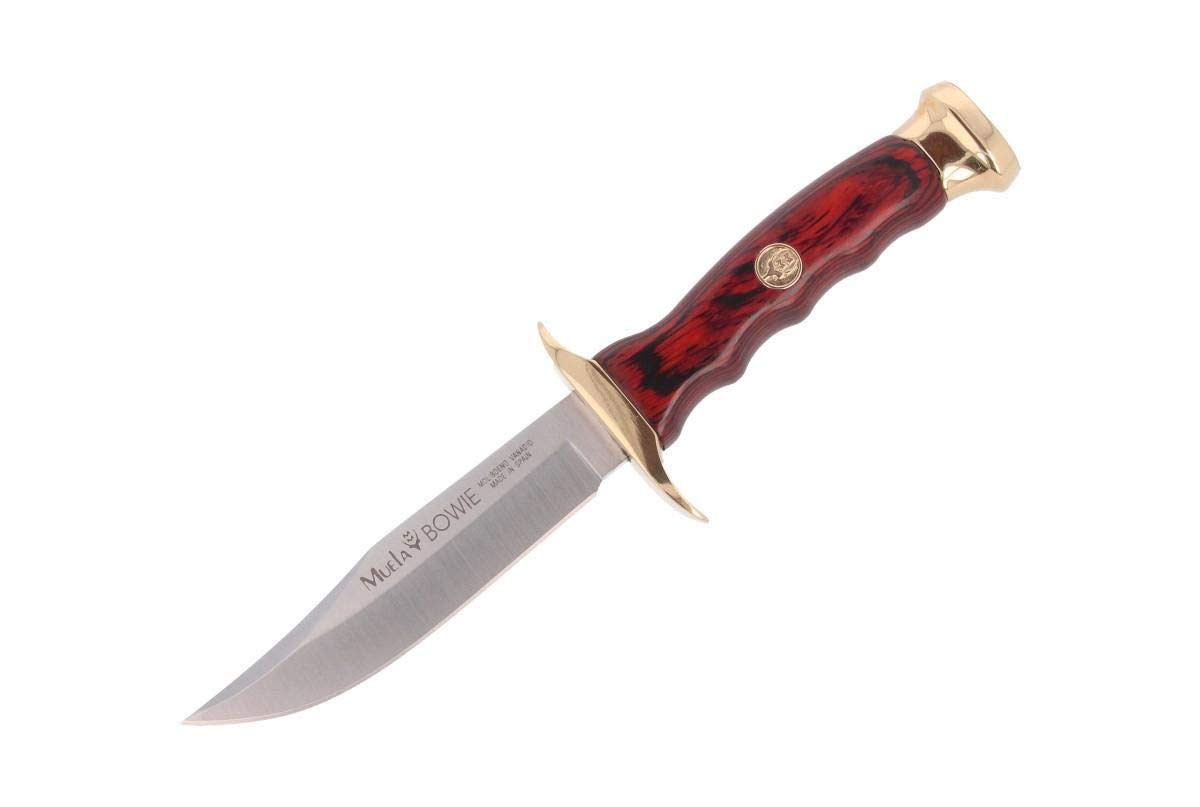 Muela Cuchillo de caza BW-10 con hoja de acero inoxidable ACX-380 de 10 cm y empuñadura de madera de coral para Caza, Pesca, Supervivencia y Bushcraft + Portabotellas de regalo