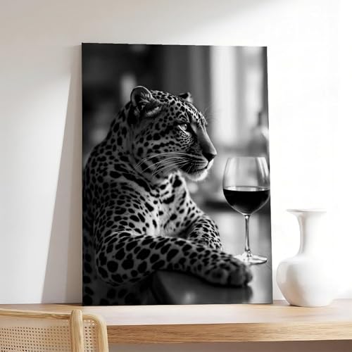 Tableau léopard buvant du vin 60x90 impression HD toile tendue