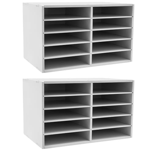 2 Pack Cardboard Paper Organizer | Classroom Mailboxes | Construction Paper Storage | 10 Slots Compartment Literature Sorters | Office Mailbox with Adjustable Shelves (White)