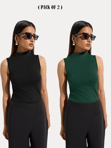 Image of KOTTY Women's Sleeveless High Neck Ribbed Tank Top Combo Pack of 2 Stylish Casual & Office Wear Tops