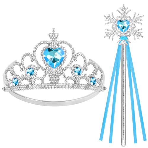 HOTUT Conjunto de acessórios de vestir de princesa Elsa para meninas, coroa de tiara e varinha mágica de fadas, acessórios de vestir de princesa Elsa para meninas, festa de aniversário, Halloween