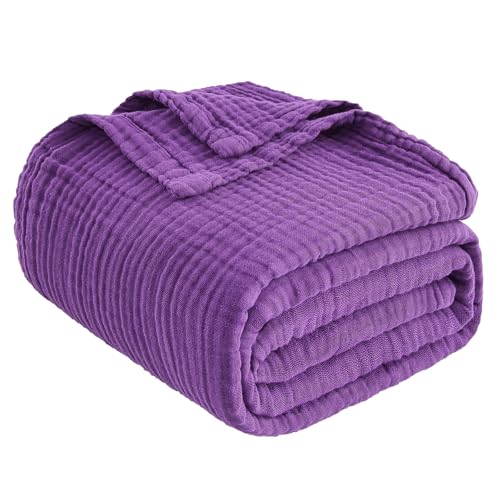 Image of EMME Cooling Muslin Twin Blanket - Checkered Lightweight Summer Cotton Blankets of Rayon Derived from Bamboo for Hot Sleepers (Purple, 60 inchx80 inch)