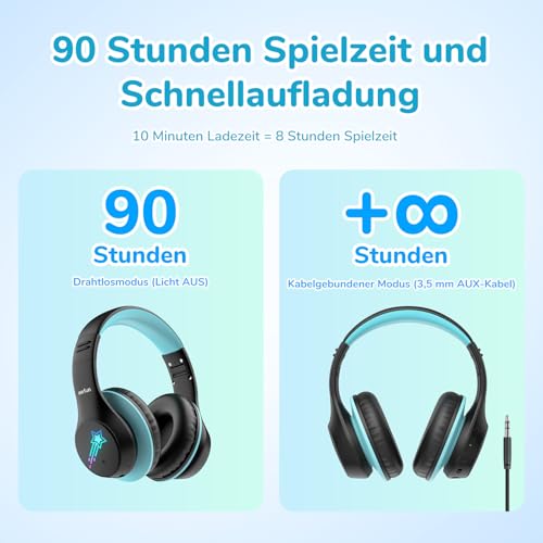 EarFun Bluetooth Kopfhörer Kinder, 5 LED Beleuchtungsmodi, und AUX Kabel – Ansicht 6