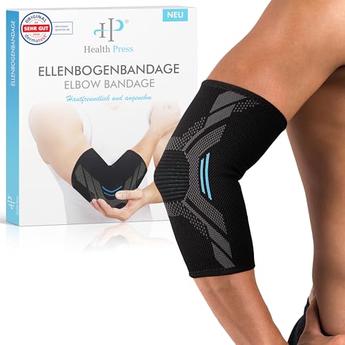 Health Press® Codera – 1 x Codera – Talla M – Soporte para codo – Alivio y estabilización de la articulación del codo – Vendaje de compresión profesional – Brazalete de apoyo derecho/izquierdo
