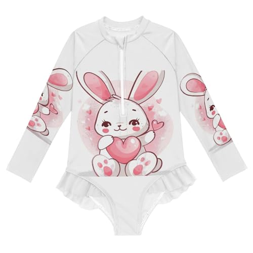 Kawaii Valentine Bunny Holding Heart Girls Long Sleeve Swimsuit Rashguard Swimwear One Piece Bathing Suit 21219135