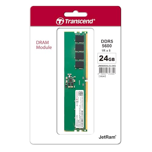Image of Transcend 24GB DDR5 5600MHz (or 5200MHz or 4800MHz) UDIMM Desktop RAM, Compatible w /Intel & AMD Ryzen, Desktop PC Computer RAM Memory Upgrade Modules, On-die ECC PC5-44800, 1Rx8 CL46, 3Gx8 1.1V 288Pin