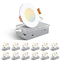 Amico 12 Pack 3 Inch 5CCT Ultra-Thin LED Recessed Ceiling Light with Junction Box, 2700K/3000K/3500K/4000K/5000K Selectable, 7W Eqv 60W, Dimmable Canless Wafer Downlight, 500LM High Brightness -ETL