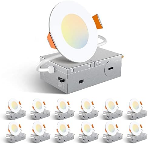 Amico 12 Pack 3 Inch 5CCT Ultra-Thin LED Recessed Ceiling Light with Junction Box, 2700K/3000K/3500K/4000K/5000K Selectable, 7W Eqv 60W, Dimmable Canless Wafer Downlight, 500LM High Brightness -ETL