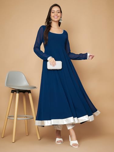 Image of KZA Women's Georgette Hand Embroidered Flared Anarkali Suit for Women | Full Sleeves Flare Anarkali Dress for Woman | Ethnic Flared Anarkali Kurta for Women