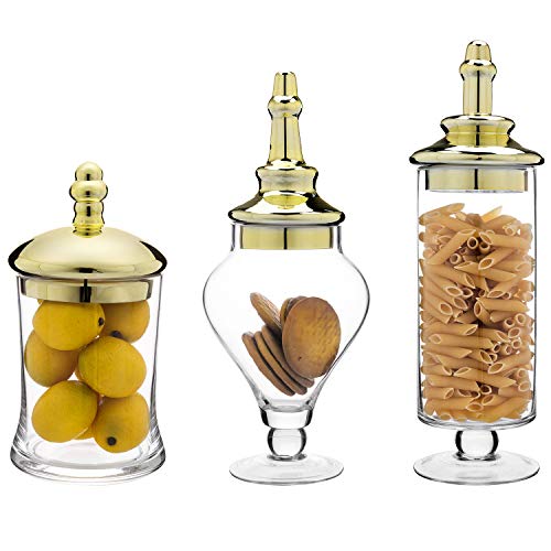 Mygift Set Of 3 Antique Apothecary Style Glass Jars With Metallic Brass-Tone Lids #TOP2