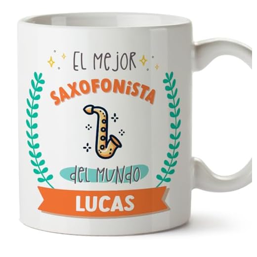 MUGFFINS Tazas Personalizadas para SAXOFONISTA hombre - En Español - Mejor del mundo - Con dibujo - 11 oz / 330 ml - Regalo Personalizable original y divertido