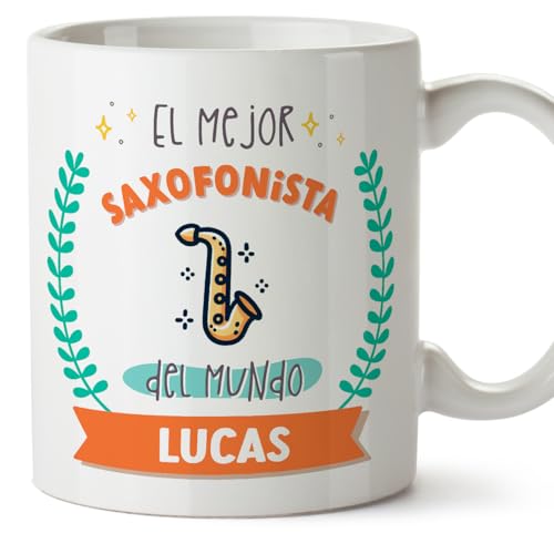 MUGFFINS Tazas Personalizadas para SAXOFONISTA hombre   En Español   Mejor del mundo   Con dibujo   11 oz / 330 ml   Regalo Personalizable original y divertido