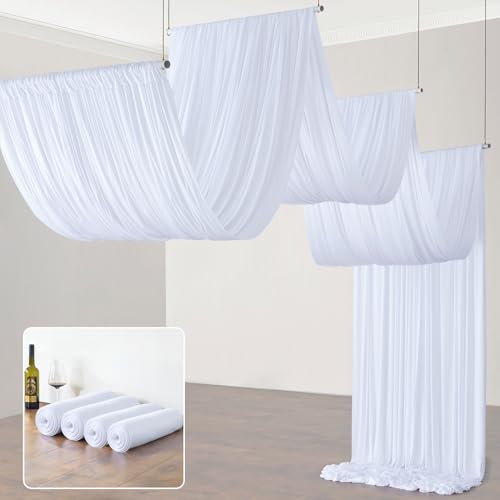 NSSONBEN 20ft×20ft White Ceiling Drapes for Weddings Parties, 4 Panels 5×20ft Wrinke Free Smooth Draping Polyester Fabric Ceiling Curtain for Church Banquet Birthday Hall Canopy Bedroom Drapery