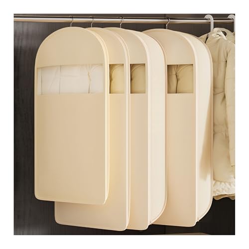 Space Saving Hanging Garment Bag with Self Compression Zipper, 2025 New Space Saver Closet Organizers, Dust Transparent Cover Clothes Bags for Down Coat (Beige, XL)