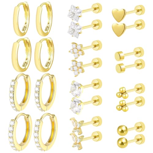 Leyrens piercing oreja pendientes, 12 pares Pendientes pequeños de circonitas cúbicas redondas de oro para mujer, Estilo de moda, Piercing helix tragus cartílago, para múltiples piercings