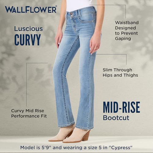 Image of WallFlower Luscious Curvy Bootcut Jeans for Women, Mid-Rise Insta Stretch Denim, Size-Inclusive Juniors Jeans
