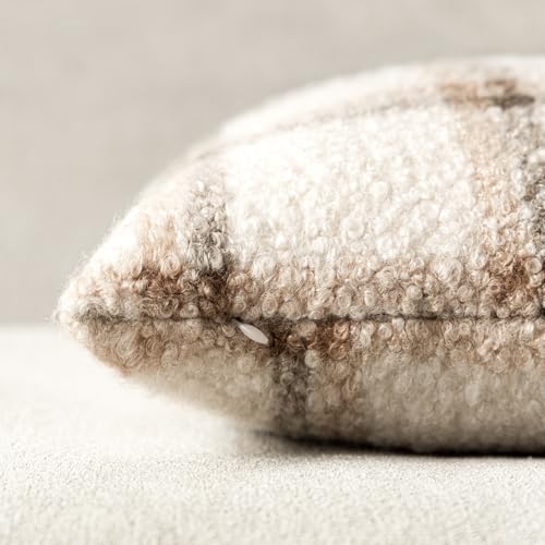 Image of Foindtower Pack of 2 Soft Faux Fur Boucle Throw Decorative Pillow Covers Fuzzy Accent Check Cushion Sherpa Boho Farmhouse Pillowcase for Couch Sofa Bed Living Room Home Decor 20x20 Inch,Natural Beige