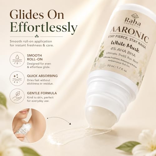 Image of AARONIC Underarm Roll On Deodorant 50ml - Long Lasting Floral Fragrance | 4% AHA BHA | Roll On for Man & Women | Underarm Roll On Men Odour Control (White Musk)