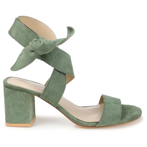 Journee Collection Signature Womens Genuine Leather Hether Suede Bow Ankle Wrap Dress Sandal Padded Hook and Loop Block Heel3