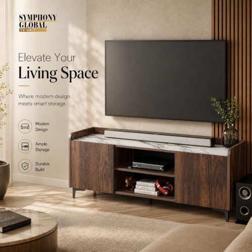 Image of Studio Kook Symphony Global 150 cm TV Unit, Junglewood with Marble Top | 150 cm engineered wood TV cabinet for 40-65 inch TVs, with two side cabinets, open shelves and a 70 kg tabletop capacity.