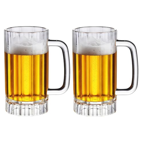 HAOHEJIA Plastic Pint Glasses Set of 2, 470ml Beer Mugs with Handle, Reusable Beer Stein Set Drinking Glass for Club, Bar, Party